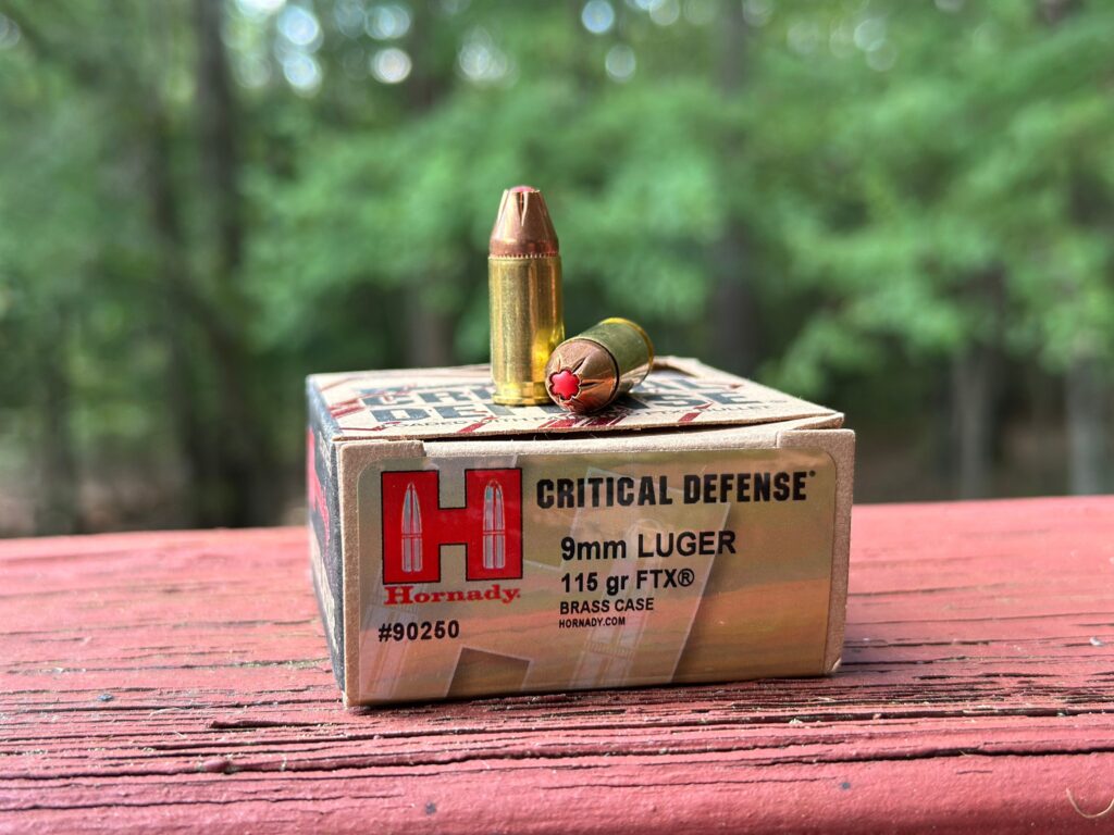 Hornady 115 gr Critical Defense FTX on a porch