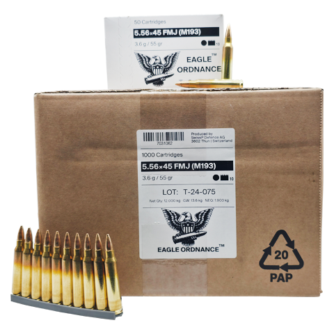 5.56 Nato - Eagle Ordnance (Swiss P) 55 Grain FMJ - 1000 Rounds on Stripper Clips