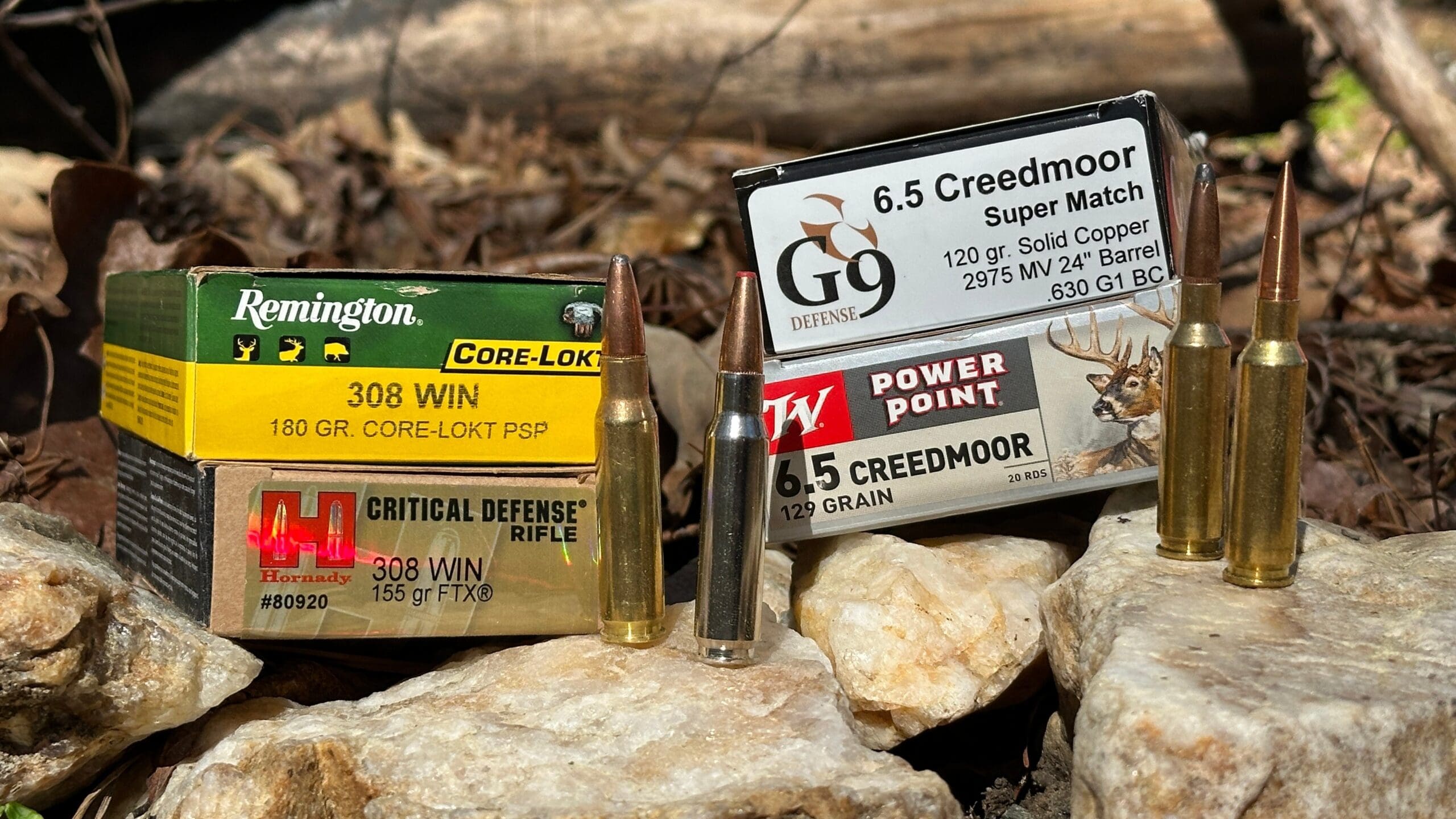 308 Winchester and 6.5 Creedmoor cartridges sitting on rocks