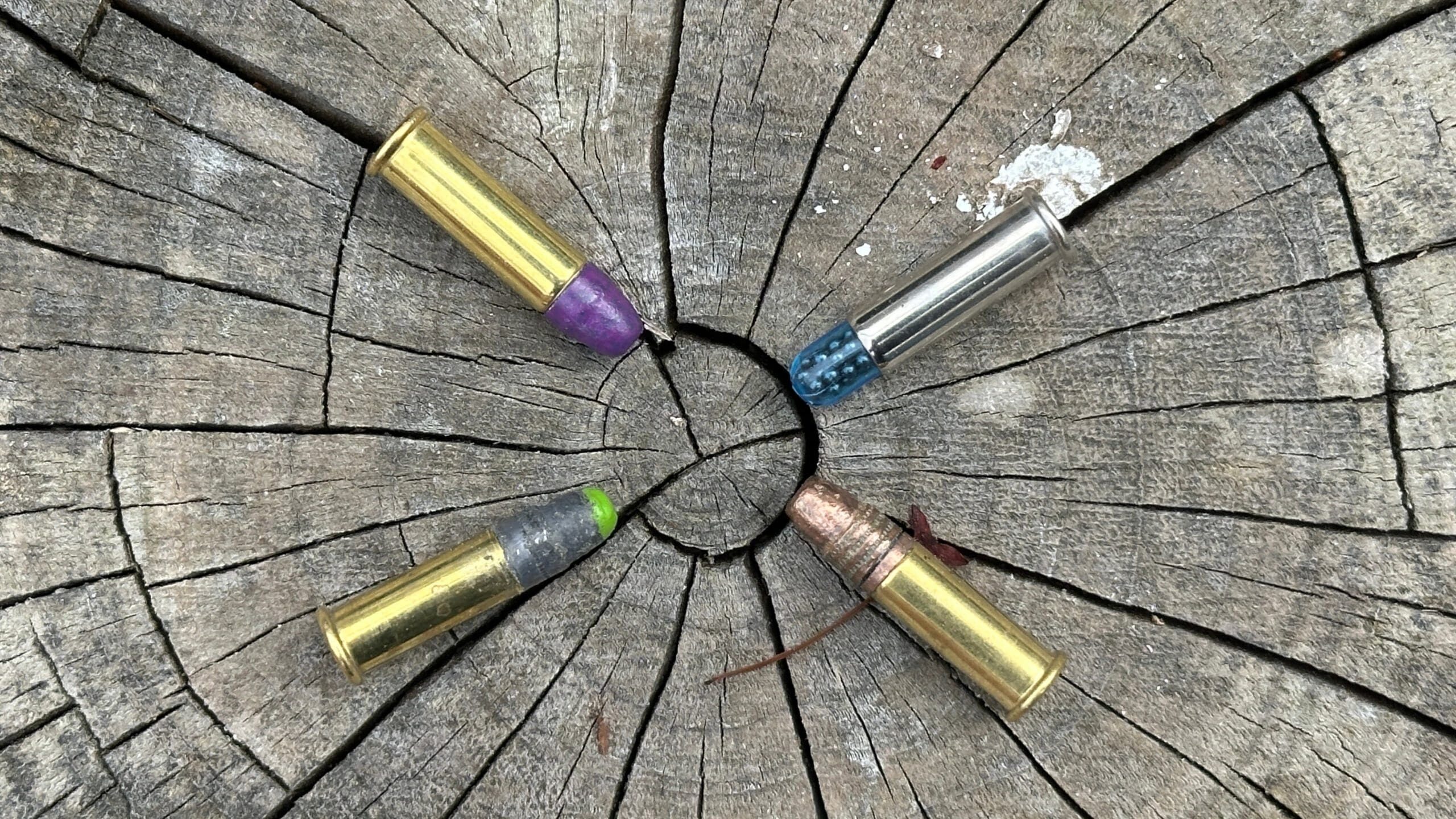 four different 22 long rifle cartridge on a stump
