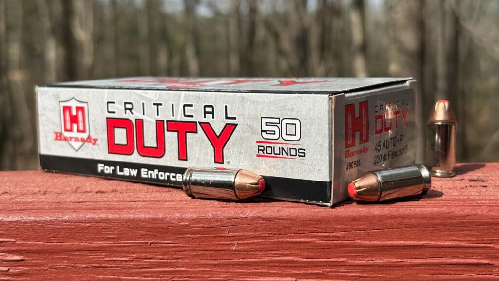 Forty-five ACP cartridges on a rail