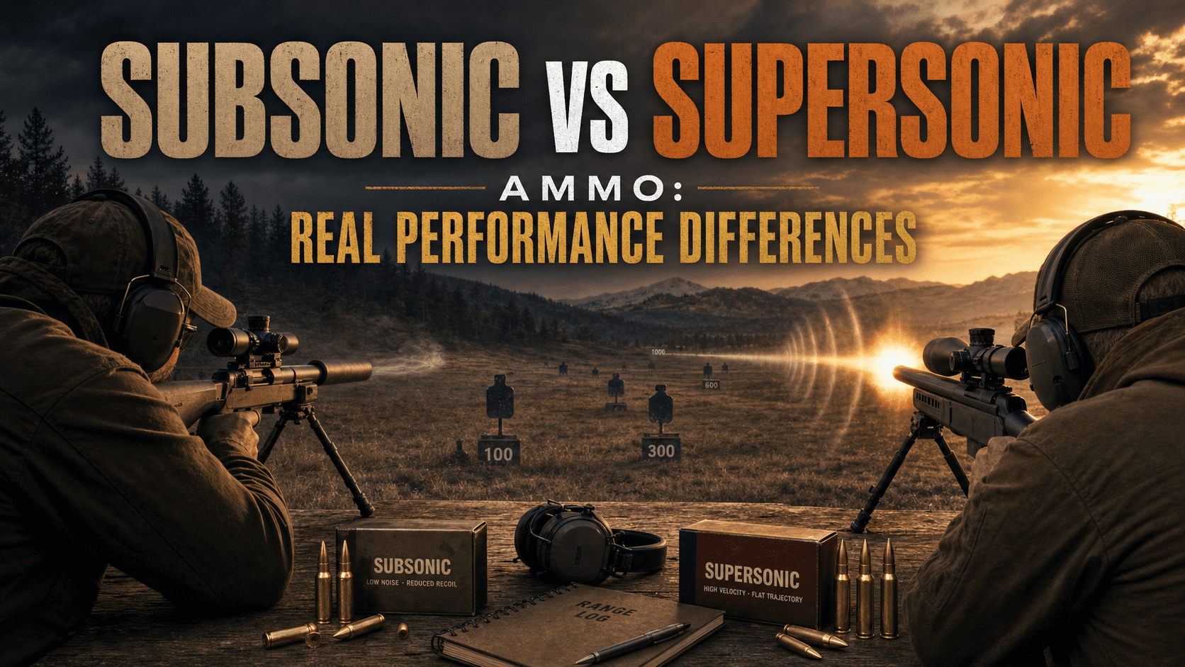 Hero image about subsonic versus supersonic cartridges with two shooters at the shooting range