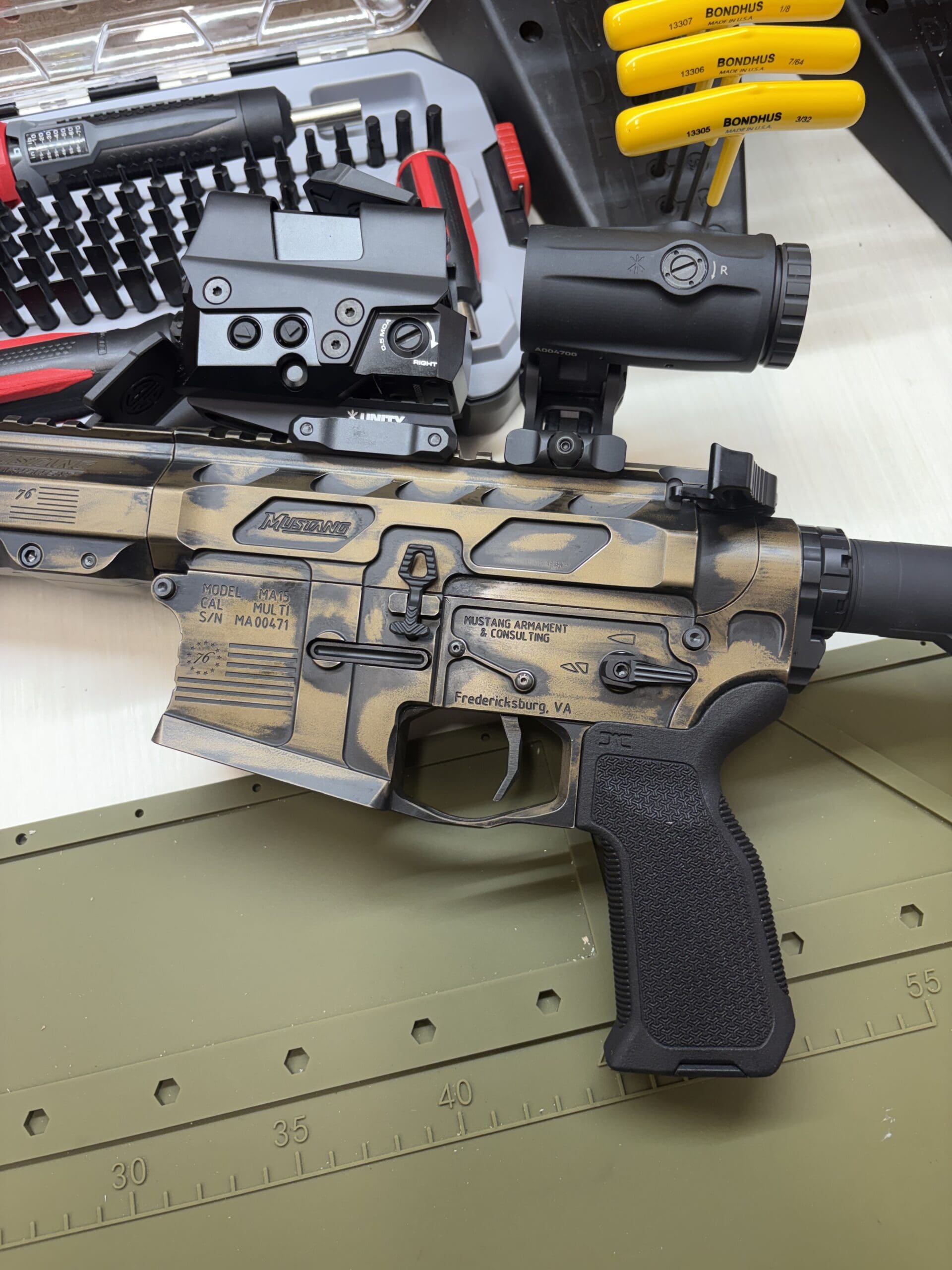 Mustang Armament “Chesty” 12.5” Premium Billet Pistol – Betsy Ross Bronze Battleworn Edition - Image 6