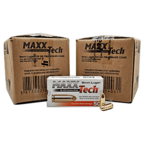 9mm - MaxxTech 124 Grain Full Metal Jacket Brass Case - 1000 Rounds