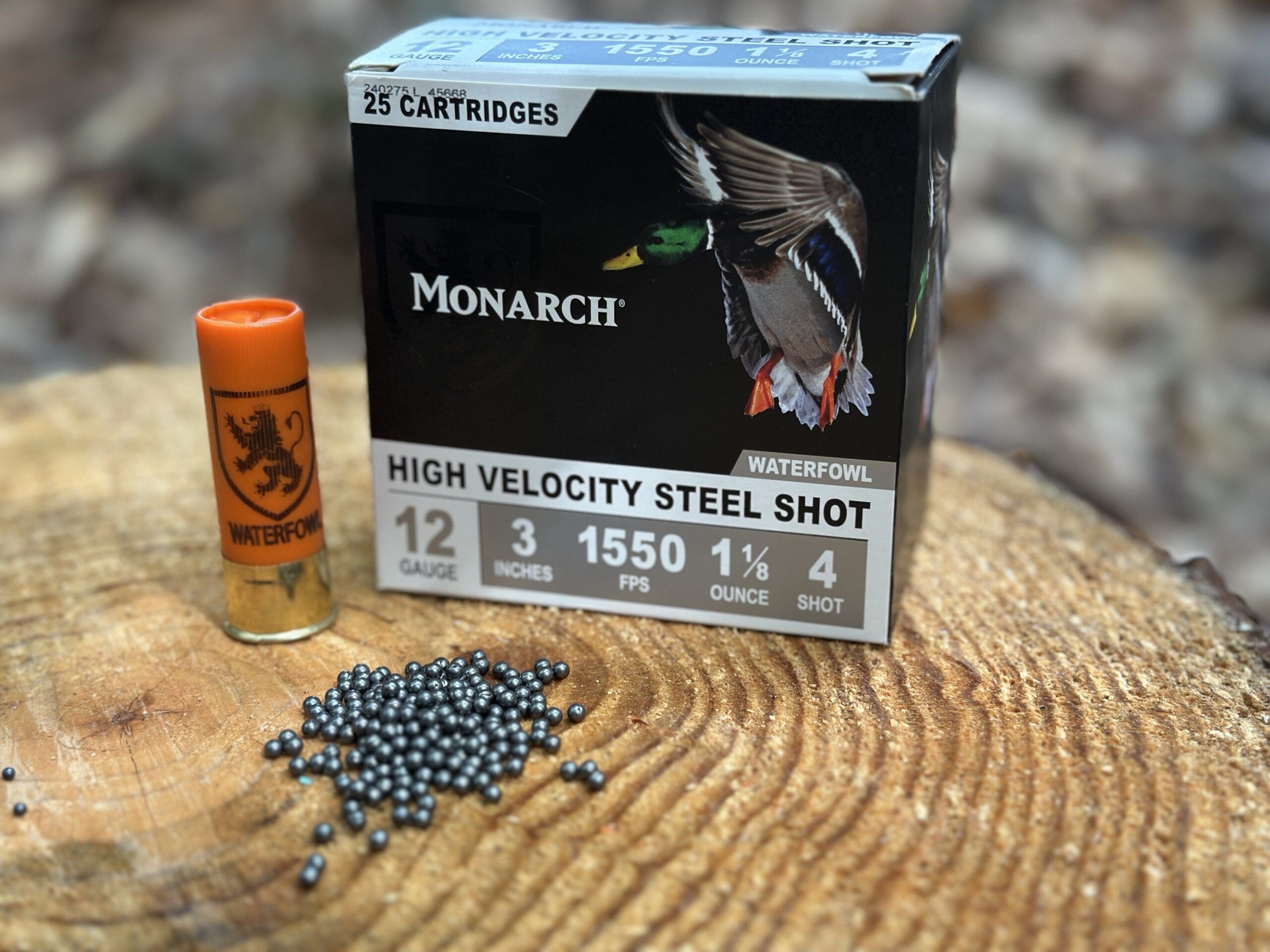 Box of Monarch steel shot waterfowl shotgun shells
