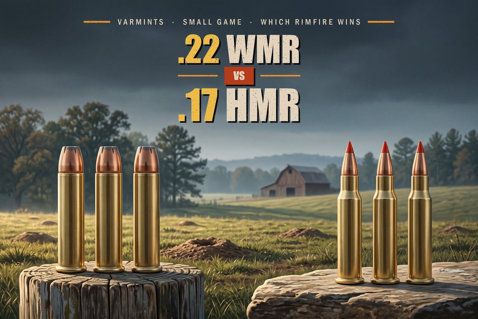 Three .22 WMR hollow-point cartridges on a fence post and three red-tipped .17 HMR cartridges on a rock in a pasture, under the headline .22 WMR vs .17 HMR