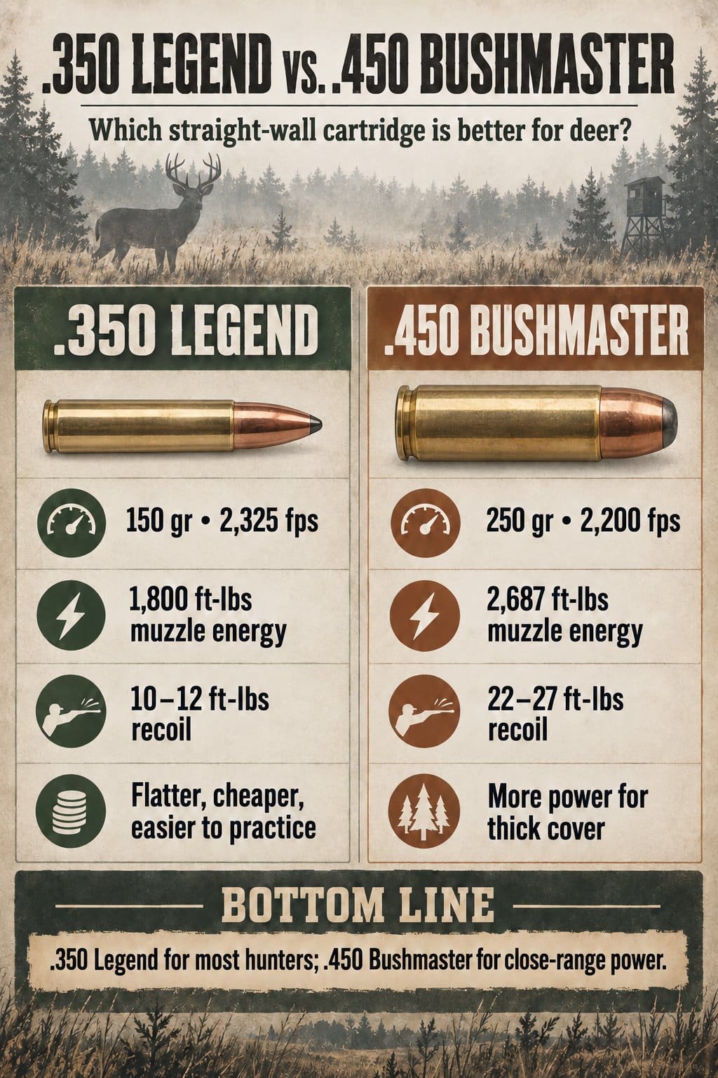 Infographic comparing .350 Legend and .450 Bushmaster for deer: 150 grain at 2,325 fps and 1,800 ft-lbs with 10 to 12 ft-lbs of recoil versus 250 grain at 2,200 fps and 2,687 ft-lbs with 22 to 27 ft-lbs of recoil