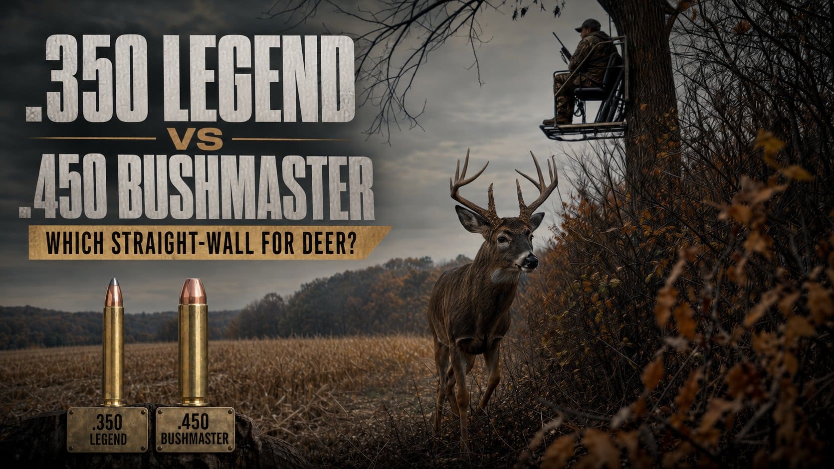 A mature whitetail buck at the edge of a harvested cornfield with a hunter watching from a treestand, and a .350 Legend and .450 Bushmaster cartridge standing on a stump in the foreground
