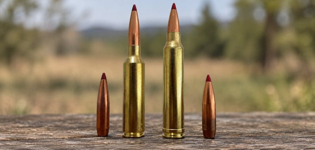 7mm PRC and .300 Win Mag cartridges side by side with their polymer-tipped bullets