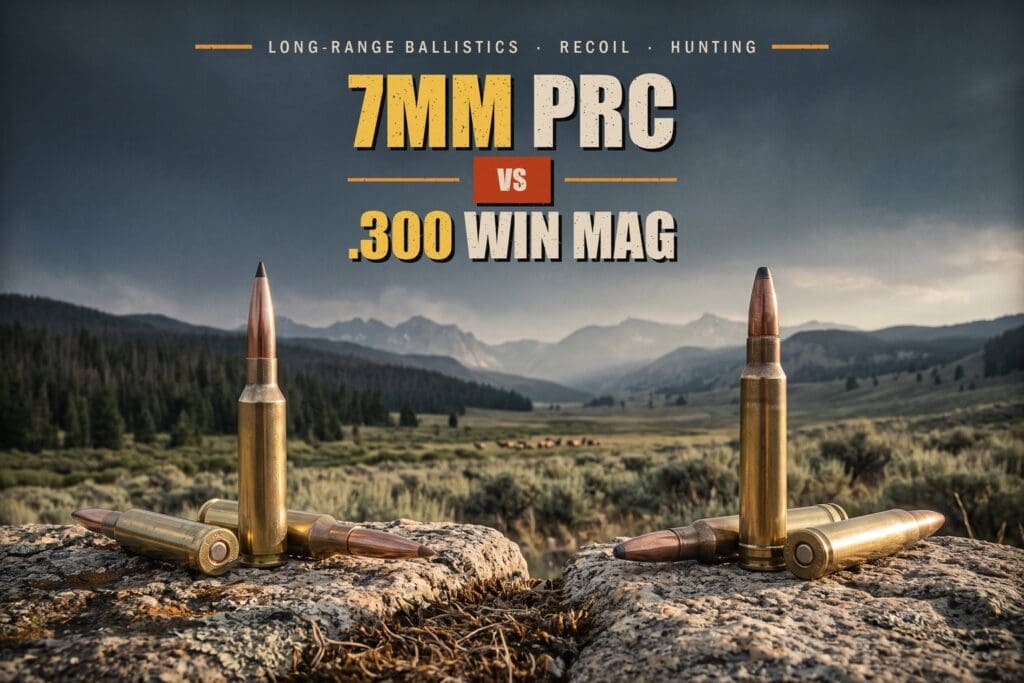 7mm PRC and .300 Win Mag cartridges standing on rocks in front of western elk country