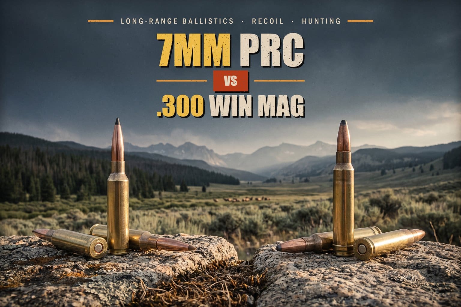 7mm PRC and .300 Win Mag cartridges standing on rocks in front of western elk country