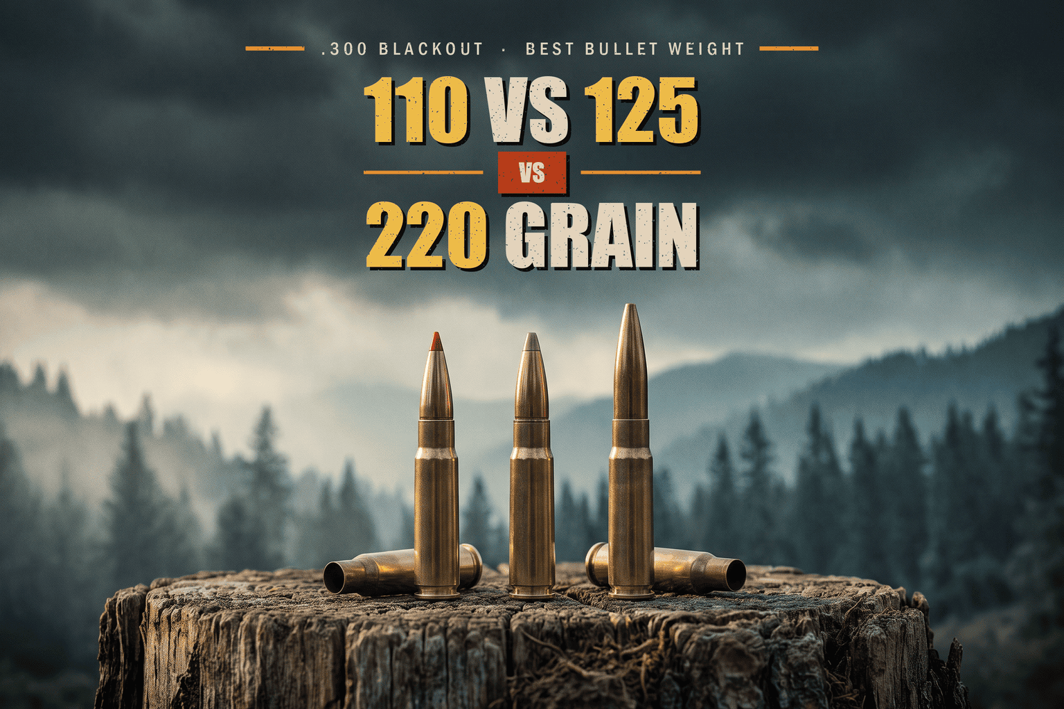 Three .300 Blackout cartridges, 110, 125 and 220 grain, standing on a weathered stump in front of a misty pine forest under a 110 vs 125 vs 220 grain headline