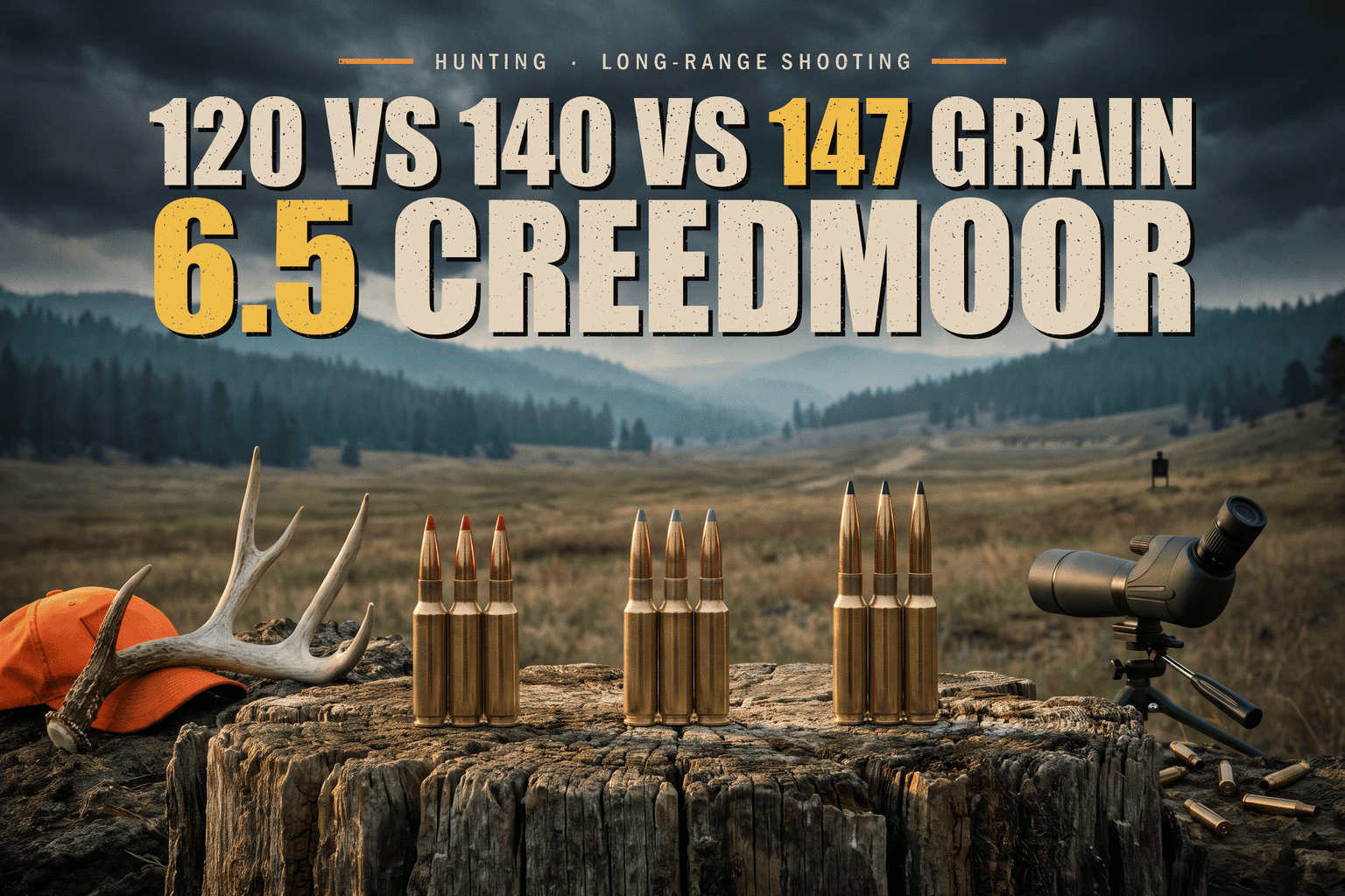120, 140 and 147 grain 6.5 Creedmoor cartridges on a weathered stump between a deer antler and a spotting scope