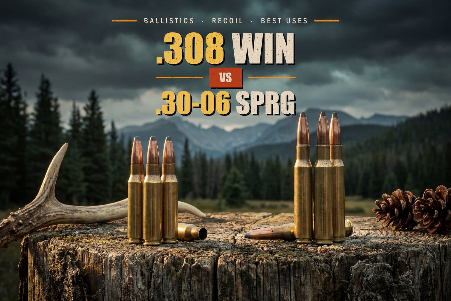.308 Winchester and .30-06 Springfield cartridges standing on a weathered stump beside a deer antler, with forest and mountains behind