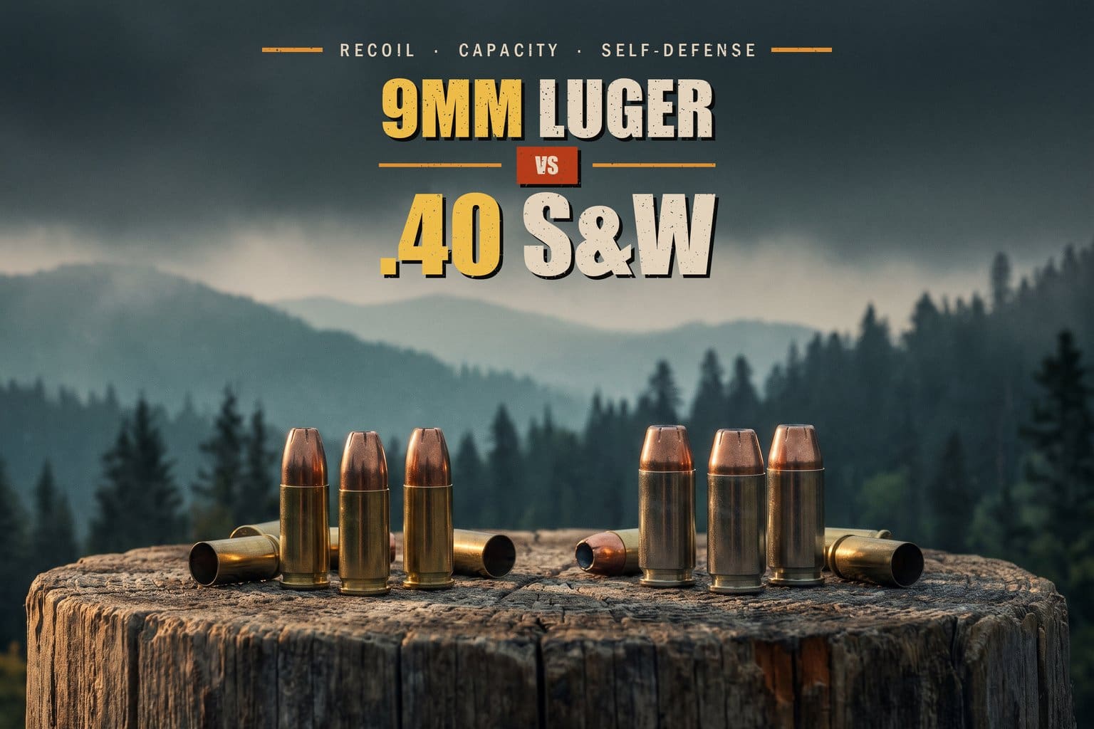 9mm Luger and .40 S&W hollow point cartridges standing on a weathered tree stump with fired brass, forested mountains under storm clouds behind