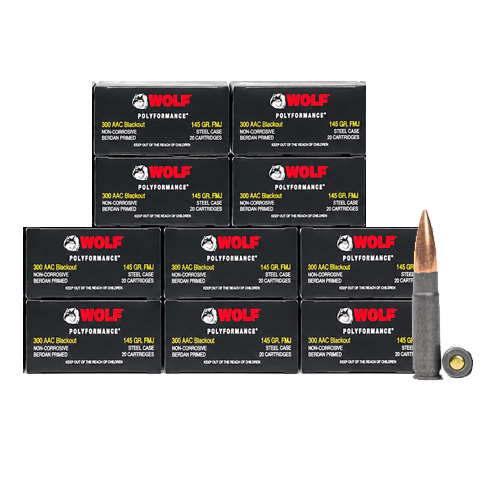 300 Blackout - Wolf Polyformance 145 Grain FMJ Steel Case - 200 Rounds