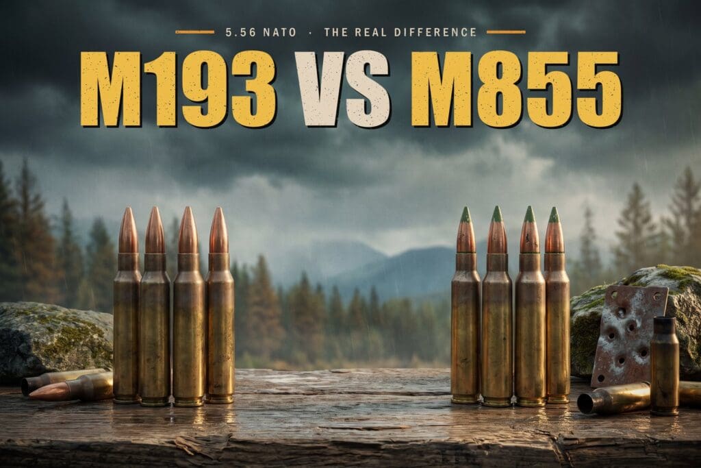 Four M193 5.56 cartridges with plain copper tips beside four M855 green tip cartridges on a weathered wooden plank, pine forest and mountains behind, headline reading M193 vs M855