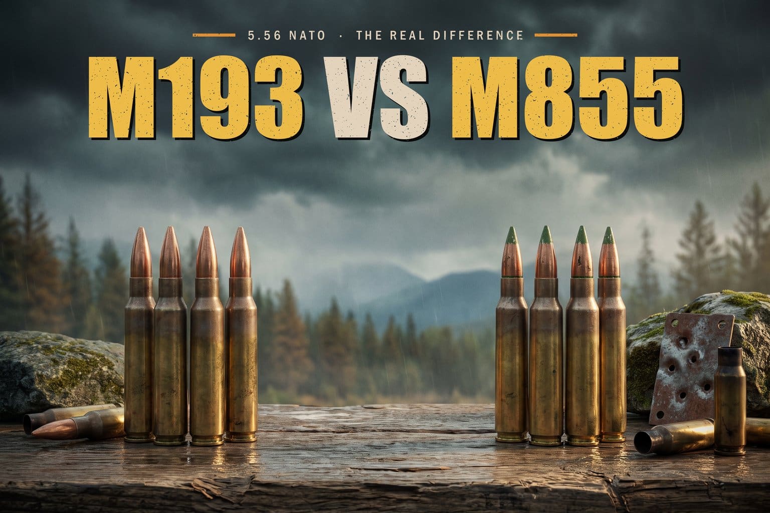 Four M193 5.56 cartridges with plain copper tips beside four M855 green tip cartridges on a weathered wooden plank, pine forest and mountains behind, headline reading M193 vs M855